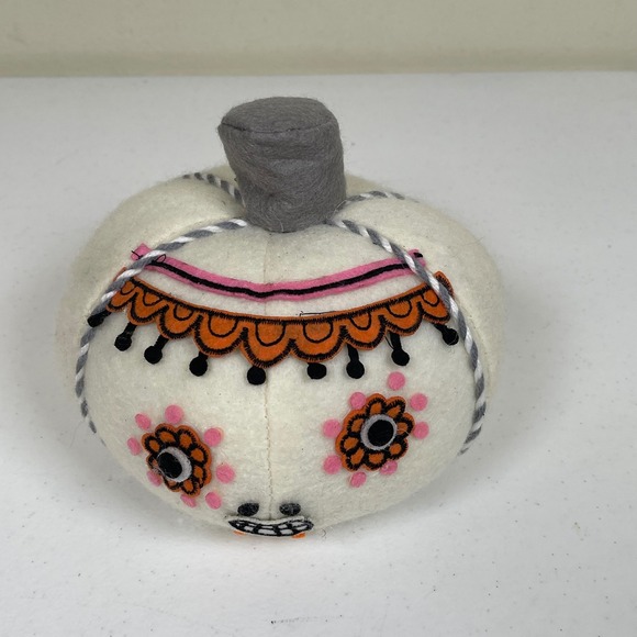 Target Day of the Dead Sugar Skull Felt Pumpkin Decor Halloween White Orange - Picture 2 of 7